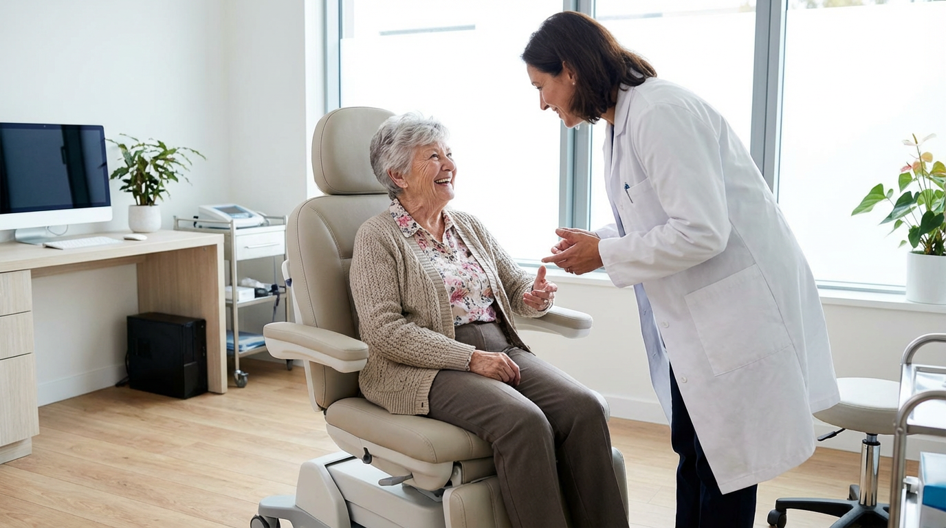 Elderly patient having a warm consultation with her physician at Joint Regeneration Center of Utah — preparing for an in-office regenerative procedure