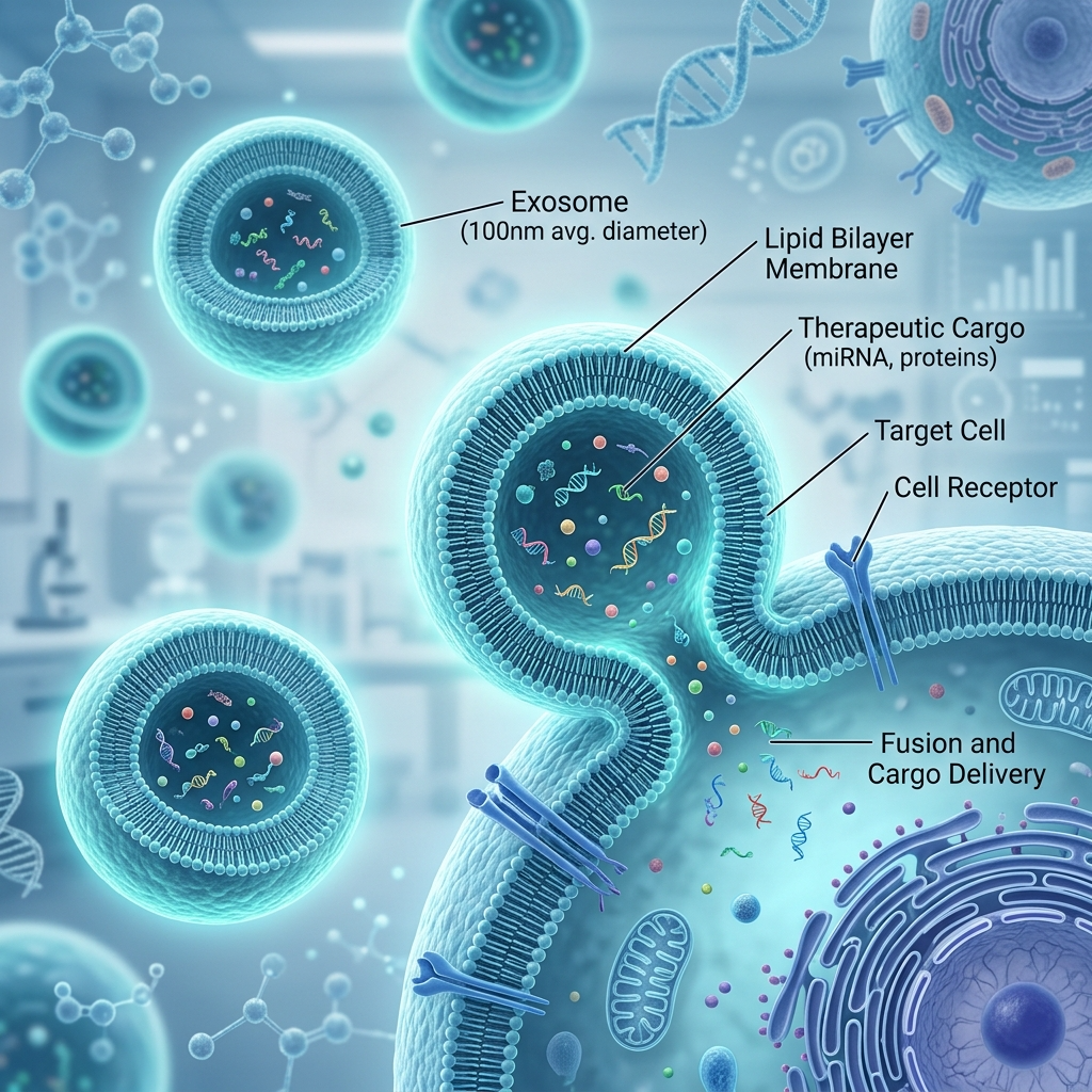 Exosome therapy — lipid bilayer membrane and cellular cargo delivery diagram