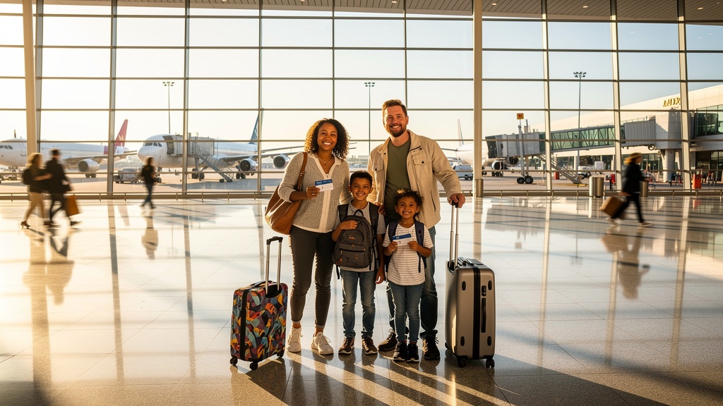 Happy family with luggage at international airport, traveling to Joint Regeneration Center of Utah